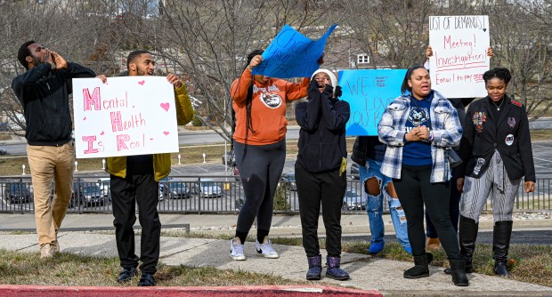 Lincoln University students outside the administration building protest and call for the removal of school President John Moseley on Jan. 18, 2024, in Jefferson City, Missouri, after the death of Antoinette Candia-Bailey. (Julie Smith/The Jefferson City News-Tribune)