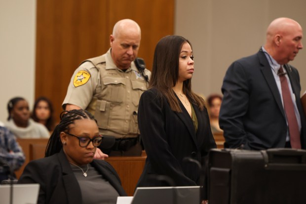 Kyleigh Cleveland-Singleton appears in court for her arraignment at the Will County Courthouse in Joliet on Feb. 8, 2024. (Eileen T. Meslar/Chicago Tribune)