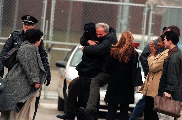 David Protess hugs Anthony Porter after Porter's release from prison in February 1999. Protess has a development deal in connection with the Porter case. ANTHONY PORTER'S RELEASE FROM PRISON TODAY FEB. 5, 1999. 6036.19 Tribune photo by Heather Stone 2/5/1999 (Anthony Porter former death row inmate) ORG XMIT: 990205/6036.19