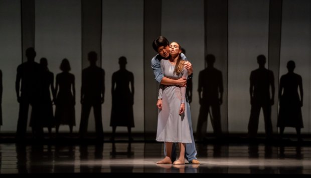 Anais Bueno, Hyuma Kiyosawa and ensemble in "Hungry Ghosts," part of the Joffrey Ballet's "Studies in Blue" at the Lyric Opera House in Feb. 2024. (Cheryl Mann)