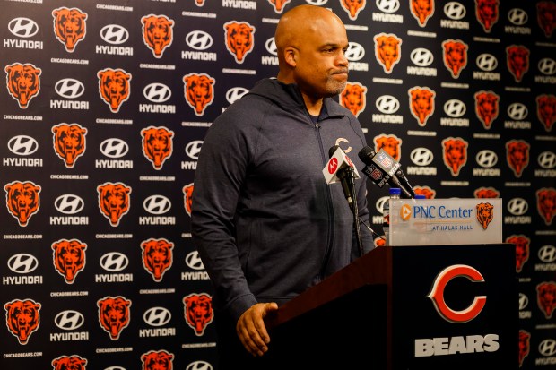 Bears defensive coordinator Eric Washington speaks at a news conference on Feb. 22, 2024, at the PNC Center at Halas Hall in Lake Forest. (Vincent Alban/Chicago Tribune)