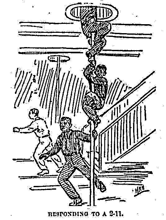 A drawing shows Engine 21 responding to a call using the newly invented fire pole, published in the March 11, 1888, Chicago Tribune. (Chicago Tribune)