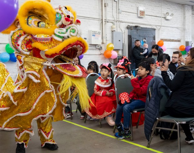 Guests watch as a lion dance is performed to celebrate Lunar New Year on Feb. 11, 2024, at the Brighton Park Community Center.(Brian Cassella/Chicago Tribune)