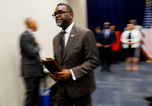 Mayor Brandon Johnson leaves a press conference after a City Council meeting on Wednesday, Feb. 21, 2024, at City Hall in Chicago. (Vincent Alban/Chicago Tribune)User Upload Caption: