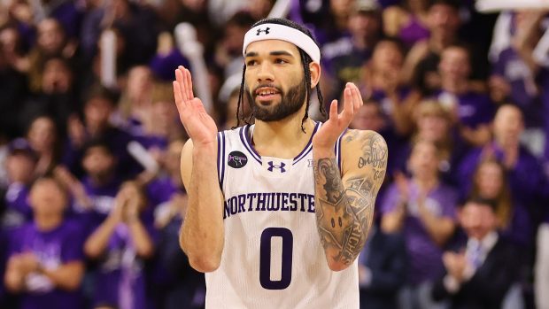 Northwestern guard Boo Buie celebrates during the second half against Ohio State on Jan. 27, 2024, at Welsh-Ryan Arena in Evanston. (Michael Reaves/Getty Images)