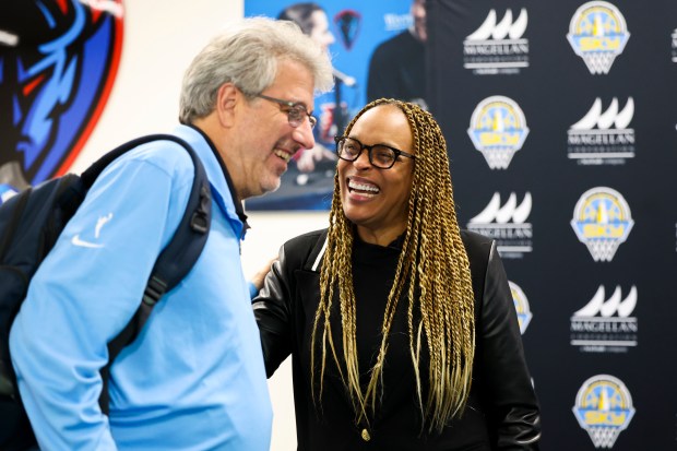 Chicago Sky owner Harvey Alter speaks to Chicago Sky Head Coach Teresa Weatherspoon after an introductory press conference at Wintrust Arena on Tuesday, Oct. 24, 2023. (Eileen T. Meslar/Chicago Tribune)