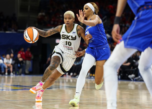 Chicago Sky guard Courtney Williams (10) tries to get past Connecticut Sun guard DiJonai Carrington (21) during their game at Wintrust Arena on Wednesday, July 12, 2023. (Eileen T. Meslar/Chicago Tribune)