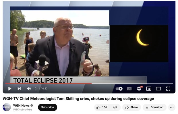 WGN-TV Chief Meteorologist Tom Skilling is emotional during a broadcast as he talks about the eclipse in 2017. (WGN-TV)