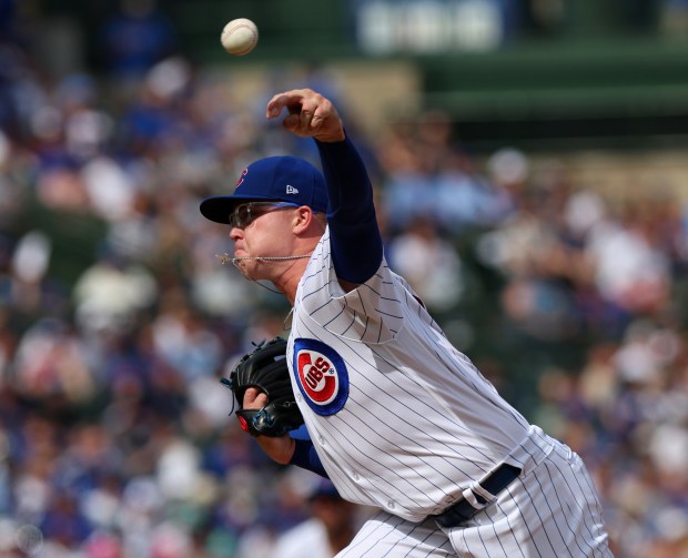 Cubs pitcher Jordan Wicks delivers against the Rockies on Sept. 24, 2023, at Wrigley Field. (Stacey Wescott/Chicago Tribune)