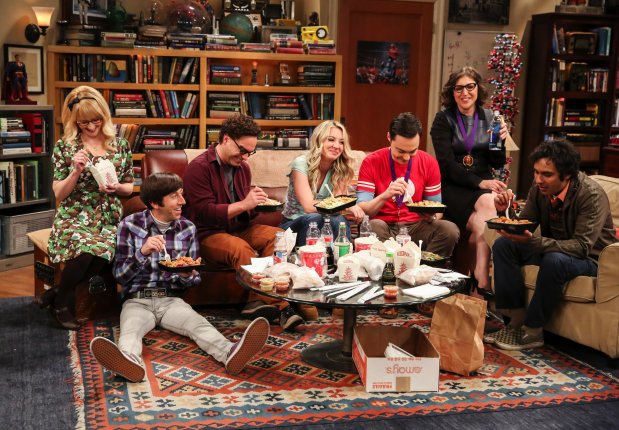 The cast of "The Big Bang Theory," from left: Melissa Rauch, Simon Helberg, Johnny Galecki, Kaley Cuoco, Jim Parsons, Mayim Bialik and Kunal Nayyar. (CBS)