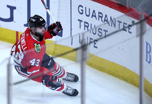 Blackhawks center Colin Blackwell celebrates after scoring against the Jets on Feb. 23, 2024, at the United Center. (Chris Sweda/Chicago Tribune)