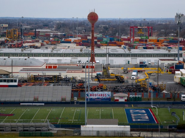 Norfolk Southern Landers intermodal yard alongside St. Rita of Cascia High School Wednesday, Jan. 31, 2024. (E. Jason Wambsgans/Chicago Tribune)