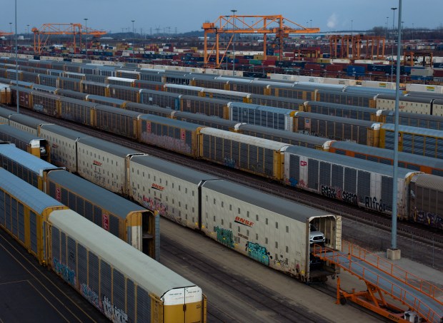 A car is seen inside a car hauler train at the BNSF Joliet Intermodal Terminal, Nov. 6, 2023. (E. Jason Wambsgans/Chicago Tribune)