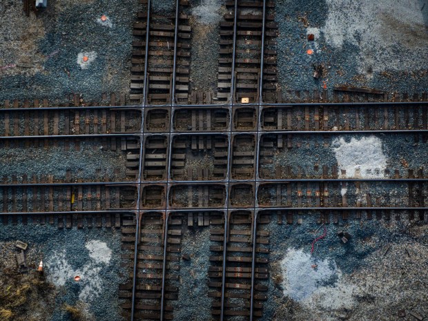 Tracks cross on the Belt Junction corridor, Nov. 6, 2023. (E. Jason Wambsgans/Chicago Tribune)