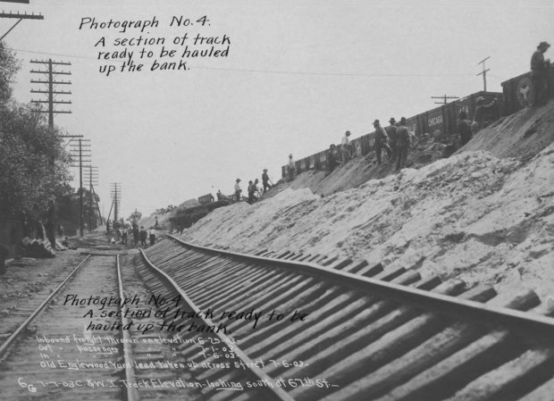 Railroads started elevating freight tracks in Chicago in 1893 to stop hundreds of fatalities occurring every year at street-level crossings. Here in 1903, workers at 67th Street in Englewood prepare to drag a set of tracks to the top of hills made from sand from the nearby Indiana dunes. (Noah Henning Jacobsen thesis, University of Illinois 1906