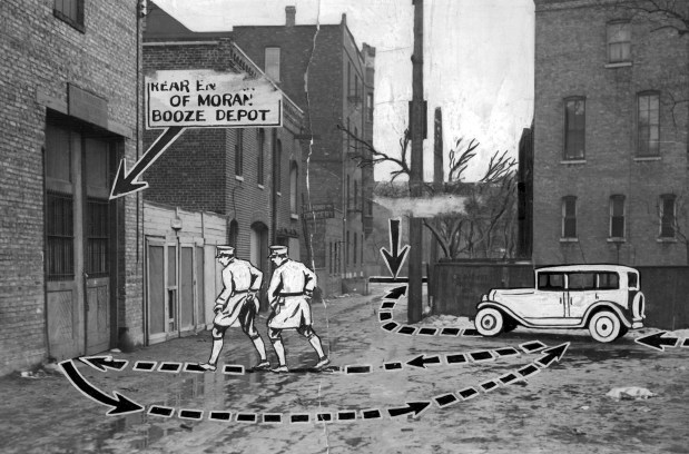 Two men dressed as police officers tricked Bugs Moran's gang into letting them into the gang's garage hideout on Clark Street in Chicago on Feb. 14, 1929. The treachery violated the code among thieves and characterized the brutal St. Valentine's Day Massacre. (Chicago Herald-American illustration)