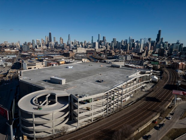 Logistics Property Co.'s multilevel warehouse is under construction on the southwest corner of West Division Street and North Elston Avenue on Feb. 15, 2024, along the Kennedy Expressway. (Brian Cassella/Chicago Tribune)