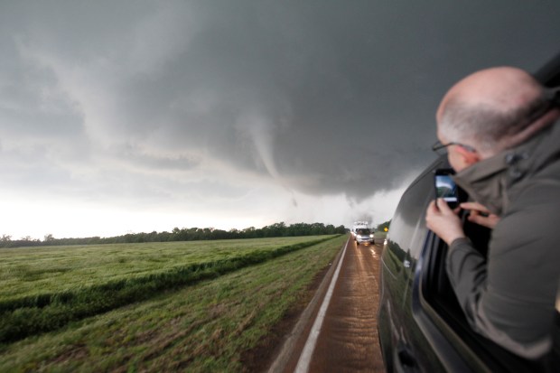 The WGN-TV chief meteorologist Tom Skilling chases tornadoes near Wakita, Oklahoma, on May 10, 2010. Wakita is where the movie "Twister" filmed their F4 tornado devastation. (Zbigniew Bzdak/ Chicago Tribune)