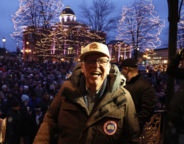 WGN-TV Chief Meteorologist Tom Skilling arrives at the gazebo in Woodstock Square at the Groundhog Day celebration on Feb. 2, 2023, in Woodstock. (Stacey Wescott/Chicago Tribune)