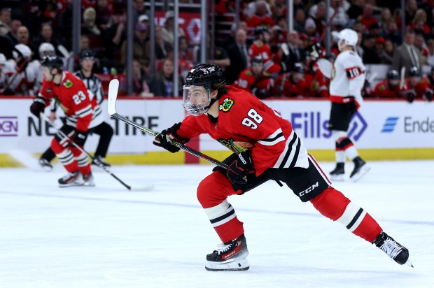 Blackhawks center Connor Bedard skates down the ice against the Senators on Feb. 17, 2024, at the United Center. (Chris Sweda/Chicago Tribune)