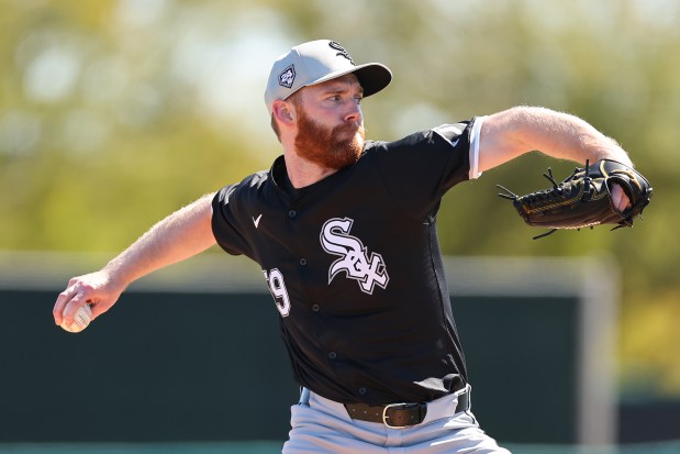 White Sox pitcher John Brebbia delivers during a spring training workout on Feb. 21, 2024, at Camelback Ranch in Glendale, Arizona. (Michael Reaves/Getty photo) 