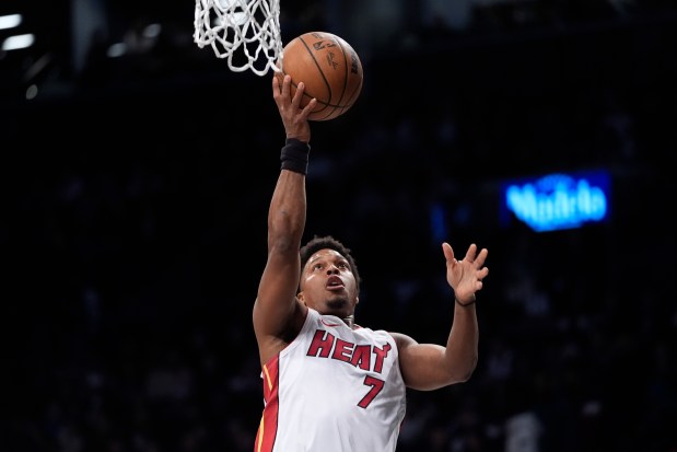 Miami Heat guard Kyle Lowry goes to the basket during the first half of an NBA basketball game against the Brooklyn Nets, Monday, Jan. 15, 2024, in New York. (AP Photo/Mary Altaffer)