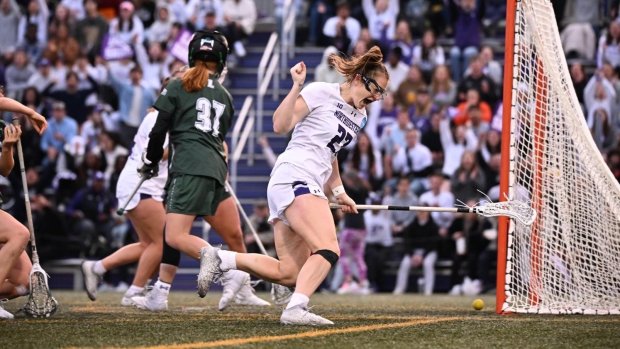 Northwestern's Izzy Scane in action during a lacrosse match against Loyola (Md.) in the NCAA Tournament quarterfinals on May 18, 2023, in Evanston.- Original Credit: Ryan Kuttler