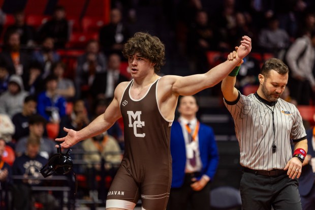 Mount Carmel's Colin Kelly after defeating Marist's Ricky Ericksen in the 175 pound bout in the class 3A state wrestling championship at the State Farm Center at University of Illinois in Champaign on Saturday, Feb. 17, 2024. (Vincent D. Johnson / Daily Southtown).