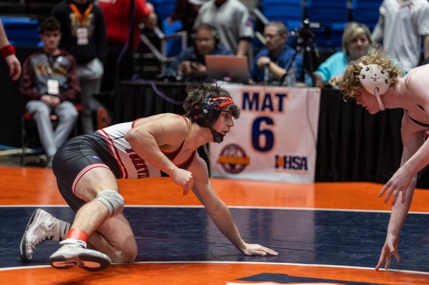 Yorkville's Sebastian Westphall wrestles against Mount Carmel's Kevin Kalchbrenner at 165 pound during the Class 3A dual team state wrestling championship match at Grossinger Motors Arena in Bloomington on Saturday, Feb. 24, 2024. (Vincent D. Johnson / Beacon-News)