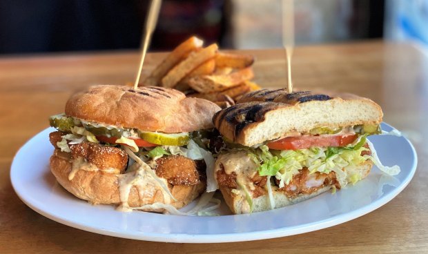 Shrimp po' boy at Mac's Wood Grilled. (Terri Mooney)