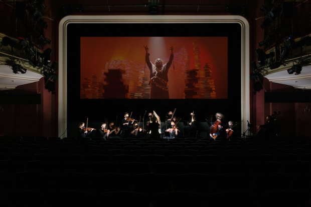 "MOBY DICK; or, The Whale" combines silent film and live music, directed by Wu Tsang and here performed by Zürich Chamber Orchestra. (Diana Pfammatter)