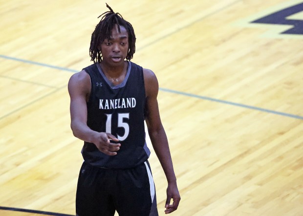 Kaneland's Freddy Hassan (15) points out coverage during an Interstate Eight Conference game against Sycamore on Friday, Feb. 16, 2024 in Sycamore.H. Rick Bamman / For the Beacon News