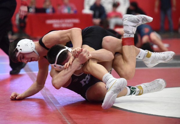 Marmion Academy's Nicholas Garcia wrestles and defeats Mt. Carmel's Justin Williamson 6-5 at 113 pounds during the Class 3A Hinsdale Central Sectional Saturday, February 10, 2024 in Hinsdale, IL. (Steve Johnston/Daily Southtown)