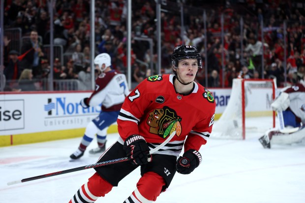 Blackhawks left wing Lukas Reichel turns before celebrating his goal against the Avalanche on Dec. 19, 2023, at the United Center.