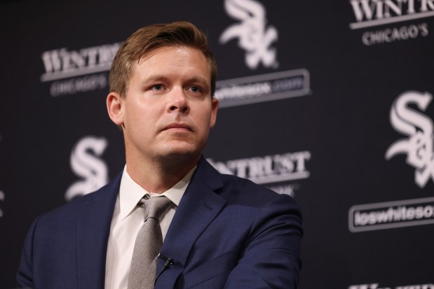 White Sox GM Chris Getz takes questions at a news conference at Guaranteed Rate Field on Aug. 31, 2023.