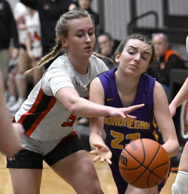 Libertyville's Elinor Lindal, left, knocks the ball away from Hononegah's Allyson Niedfeldt during their girls Class 4A McHenry Sectional championship game in McHenry, Thursday, February 22, 2024. (Michael Schmidt/Lake County News-Sun)