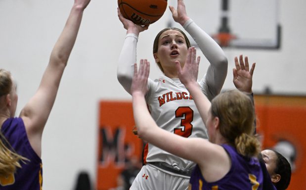 Libertyville's Lily Fisher, 3, makes a jump shot during their girls Class 4A McHenry Sectional championship game against Hononegah in McHenry, Thursday, February 22, 2024. (Michael Schmidt/Lake County News-Sun)