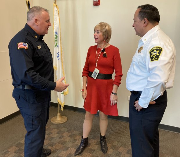 Talking after the news conference were Waukegan Fire Chief Gregg Paiser, Mayor Ann Taylor and Police Chief Edgar Navarro. (Steve Sadin/Lake County News-Sun)