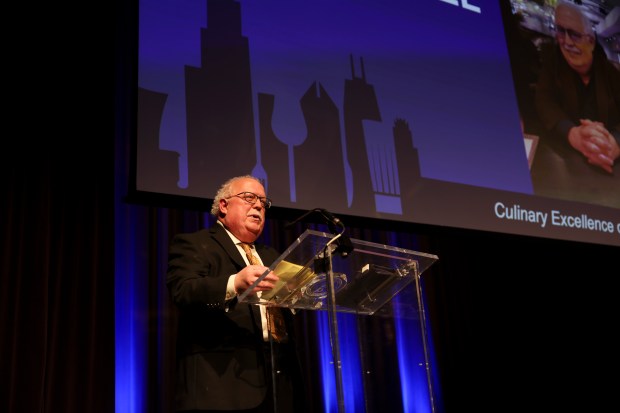 Phil Vettel speaks after receiving a lifetime achievement award during the Jean Banchet Awards at Venue SIX10 in the Loop on Jan. 28, 2024. (Eileen T. Meslar/Chicago Tribune)