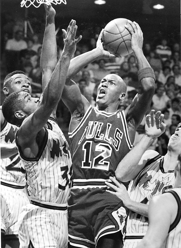 Chicago Bulls' Michael Jordan had to wear No. 12 on Feb. 14, 1990, after someone stole his jersey from the visitor's locker room at the Orlando Arena. (George Remaine/Orlando Sentinel)