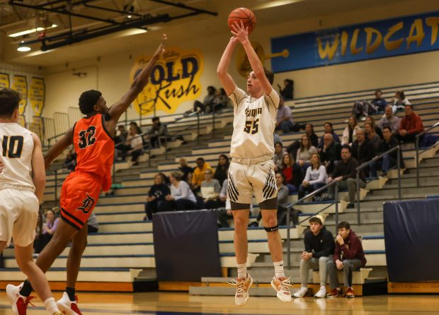 Neuqua Valley's John Bieber (55) shoots the ball during a game against Dekalb in Naperville on Wednesday Feb. 7, 2024. (Troy Stolt for the Naperville Sun)