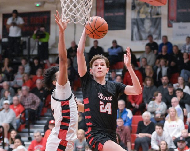 Benet's Daniel Pauliukonis (24) takes a shot against Bolingbrook during the Class 4A East Aurora Sectional semifinals basketball game on Tuesday, Feb. 27, 2024. (Mark Black / Naperville Sun)