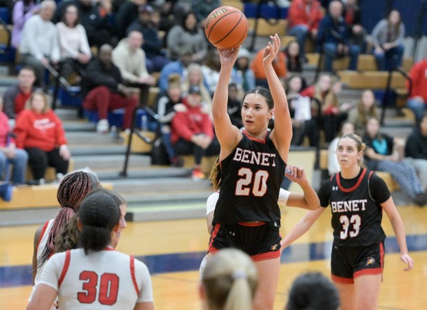 Benet's Emma Briggs (20) shoots against Bolingbrook during the Oswego 4A Sectional semi-final basketball game on Tuesday, Feb. 20, 2024. (Mark Black / Naperville Sun)