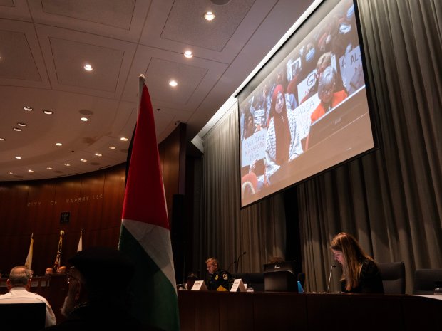 Waubonsie Valley High School senior Haneen Fathalla speaks to a packed audience at the Naperville City Council meeting on Tuesday, where dozens of community members from in and around the city implored Naperville elected officials to pass a resolution calling for a cease-fire in Gaza.