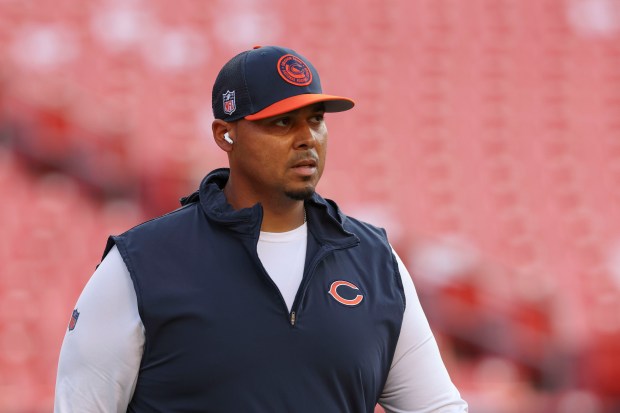 Bears general manager Ryan Poles walks the field before the game on Oct. 5, 2023, at FedEx Field.