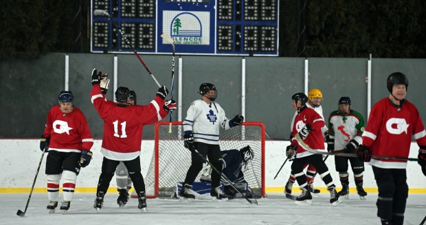 Final strike. Celebration as the scrimmage or game ends. No one knows the actual final score, and it's not reflected on the scoreboard either. But the red team, the Glencoe Bantam Allstars, wins the game on Feb. 3, 2024 at the Weinberg Family Recreation Center in Glencoe.