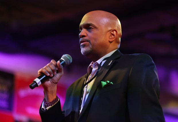 Clayton Harris III, a candidate for Cook County state's attorney in the March primary, speaks during during "Fight Night" Feb. 16, 2024 at the Elmwood Park Parks and Recreation Center in Elmwood Park. (Trent Sprague/Pioneer Press)