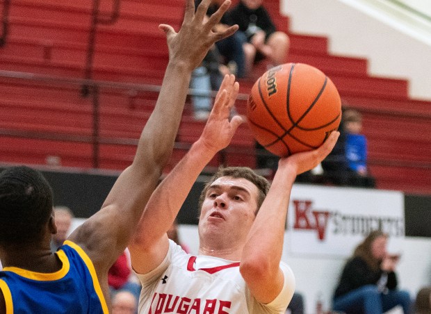 Kankakee Valley's Camden Webster takes a shot during a game against Highland on Friday, Jan. 27, 2023 in Wheatfield. (Michael Gard / Post-Tribune)