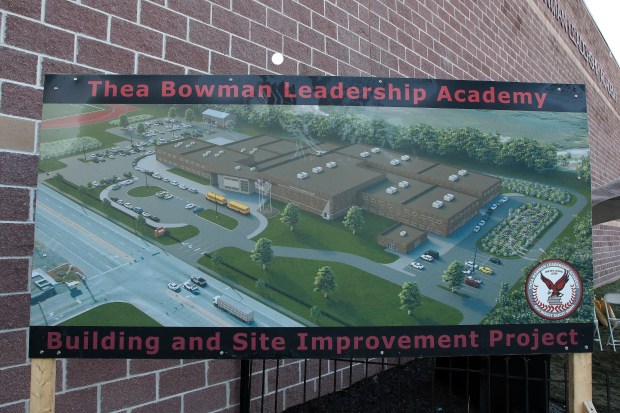 An artist rendition is displayed during a groundbreaking ceremony on a $8 million addition to the Thea Bowman Leadership Academy in Gary on Feb. 3, 2024. The addition will be a two-story eight classroom building for elementary students. There will also be a multipurpose room for athletics and arts, a health clinic, new athletic fields with a track and football field and a maintenance building.