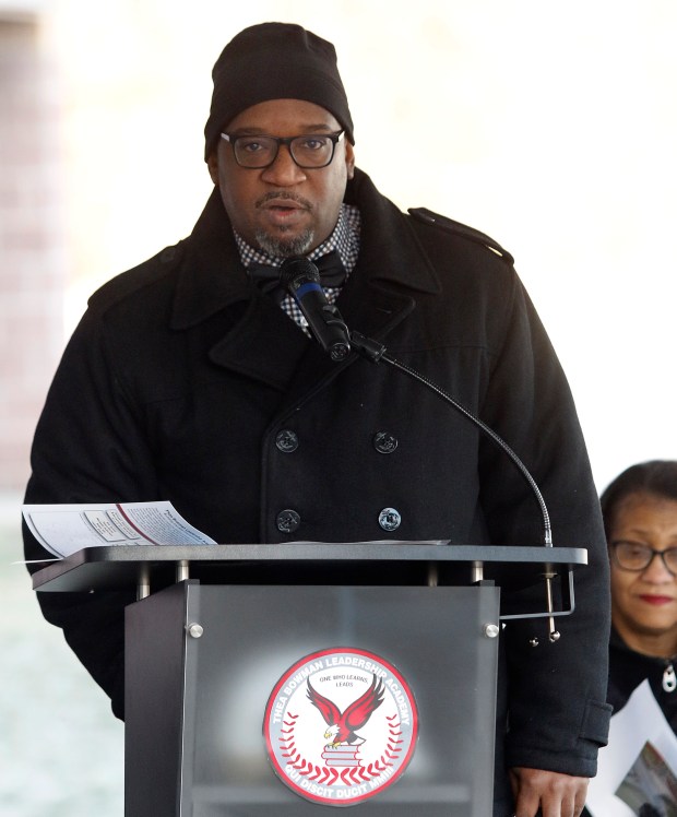 Gary Police Chief Derrick Cannon addresses the crowd during a groundbreaking ceremony on a $8 million addition to the Thea Bowman Leadership Academy in Gary on Feb. 3, 2024. The addition will be a two-story, eight classroom building for elementary students. There will also be a multipurpose room for athletics and arts, a health clinic, new athletic fields with a track and football field and a maintenance building.